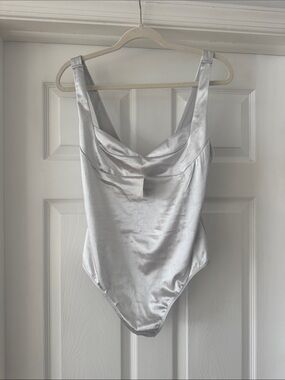 Free People Silver Satin Cowl-Neck Bodysuit